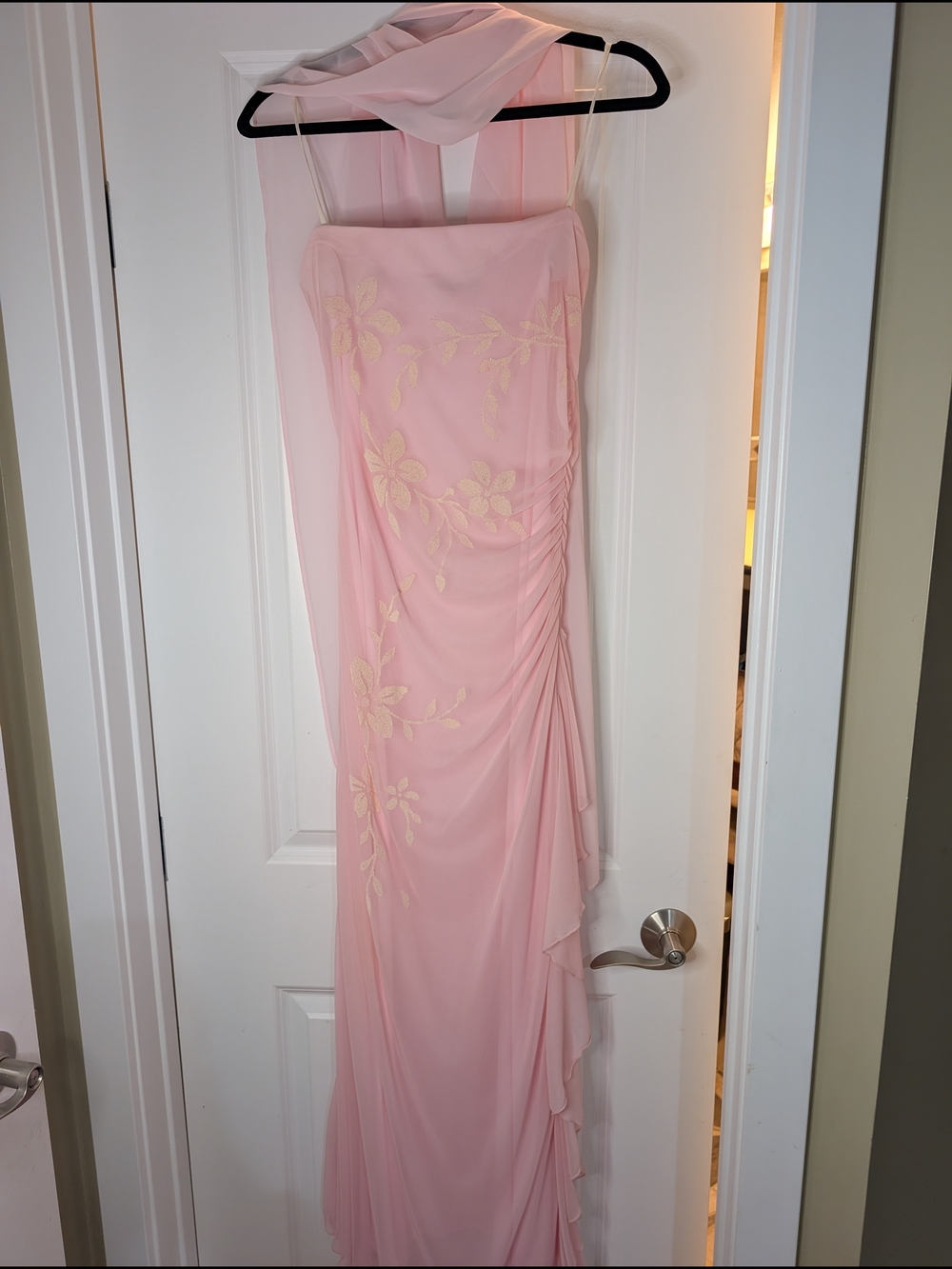 Mariposa Light Pink Strapless Floral Chiffon Evening Gown with Scarf - Picture 10 of 10